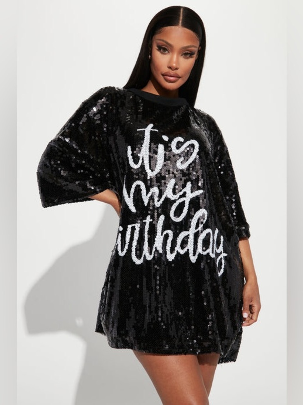 NEW Birthday Queen Black Sequin Dress Fashion Nova Shirtdress One Size NWT